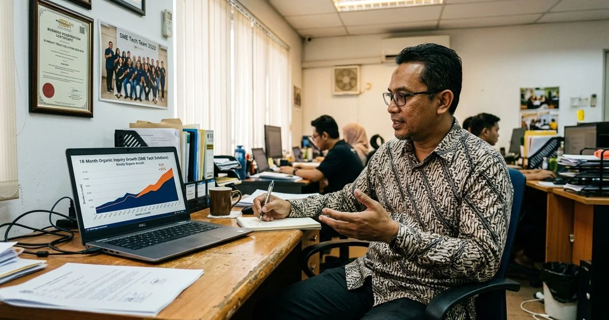 Small business owner reviewing SEO return on investment for an SME
