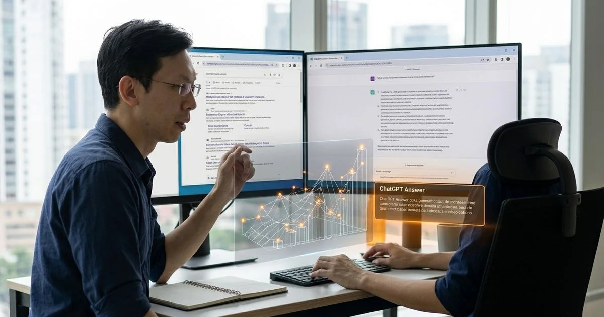 AI search and traditional Google search shown as a shifting traffic mix