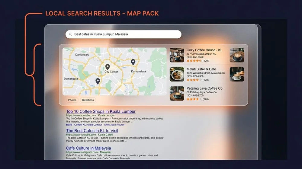 Google Map Pack shown above organic results in a local search