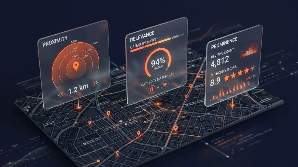 The three Map Pack ranking factors: proximity, relevance and prominence