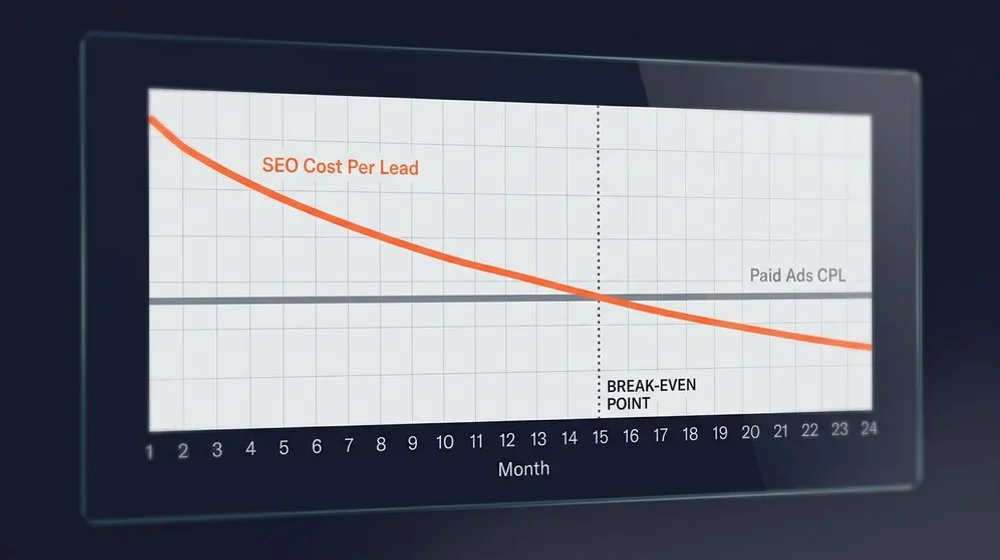 Chart showing cost per lead falling as SEO matures for a small business