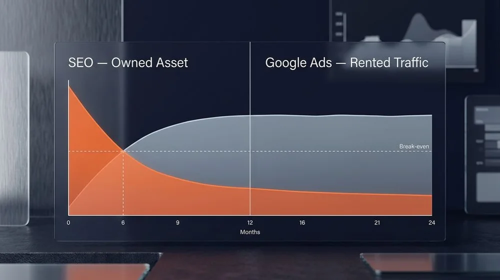 Comparison of SEO as an owned asset versus Google Ads as rented traffic over time