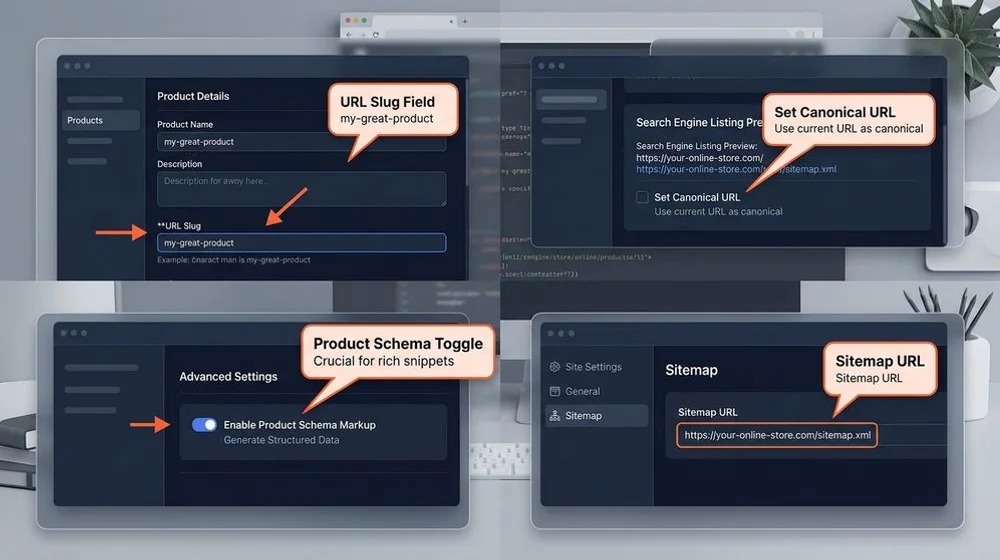Shopify and WooCommerce SEO settings, URL structure and schema