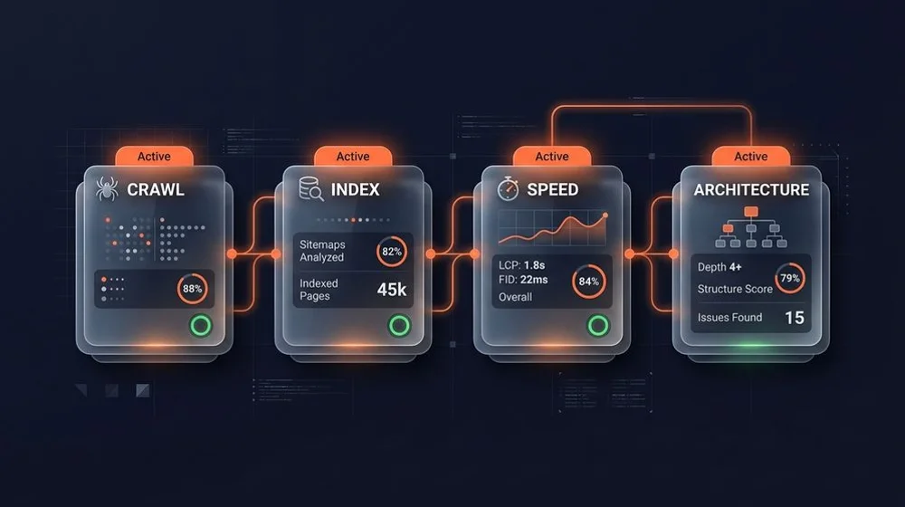 A technical SEO audit checking crawl, index, speed and architecture